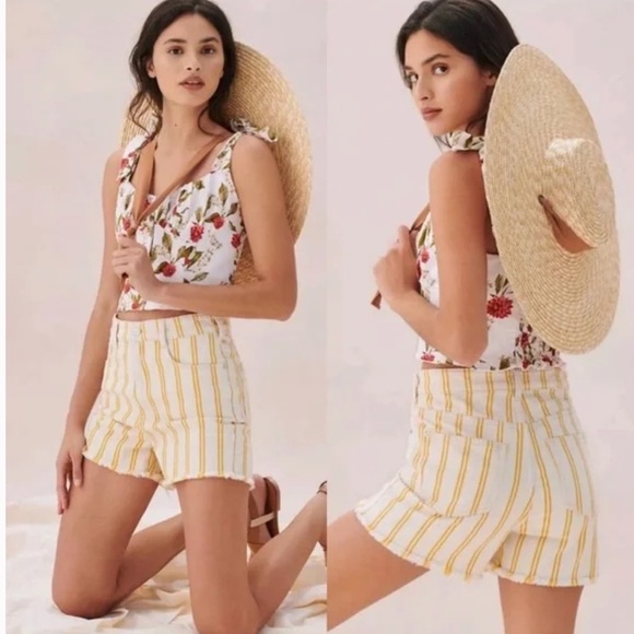 🎉HP🎉. 19. Anthropologie Pilcro High Rise Denim Shorts /Mustard & Cream Stripes - Picture 3 of 16